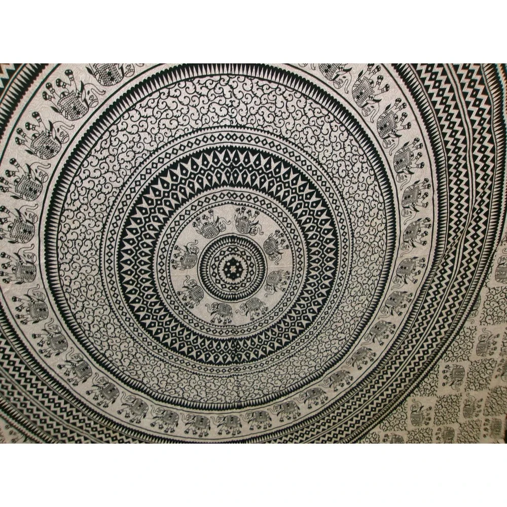 Elephant Mandala Tapestry Wall Hanging Black Cream Boho Cotton Bedspread 82